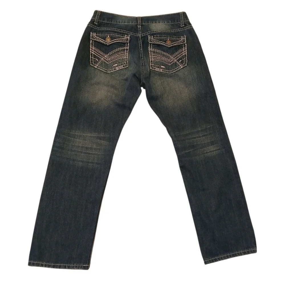 Indigo People Men's Jeans 32x30 Blue Distressed Straight Leg Denim Pants Embroid